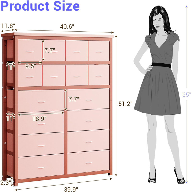 Aninye 16 - Drawer Chest of Drawers, Antique pink and pink