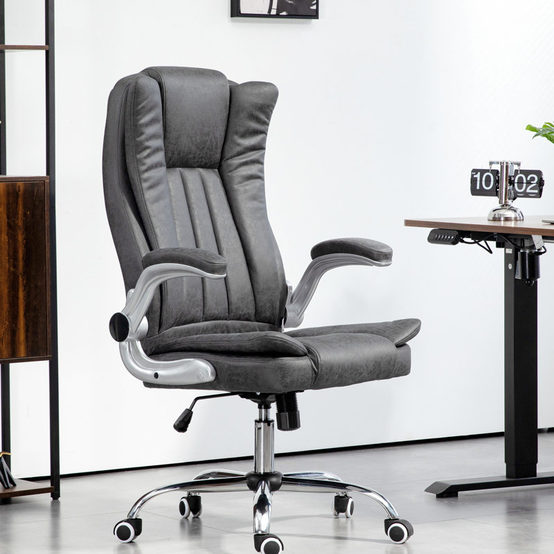 Chaise grise en microfibre avec accoudoirs rembourrés rabattables, siège réglable en hauteur, inclinable et dossier haut pivotant à 360 °, inclinable en hauteur, pivotant,
