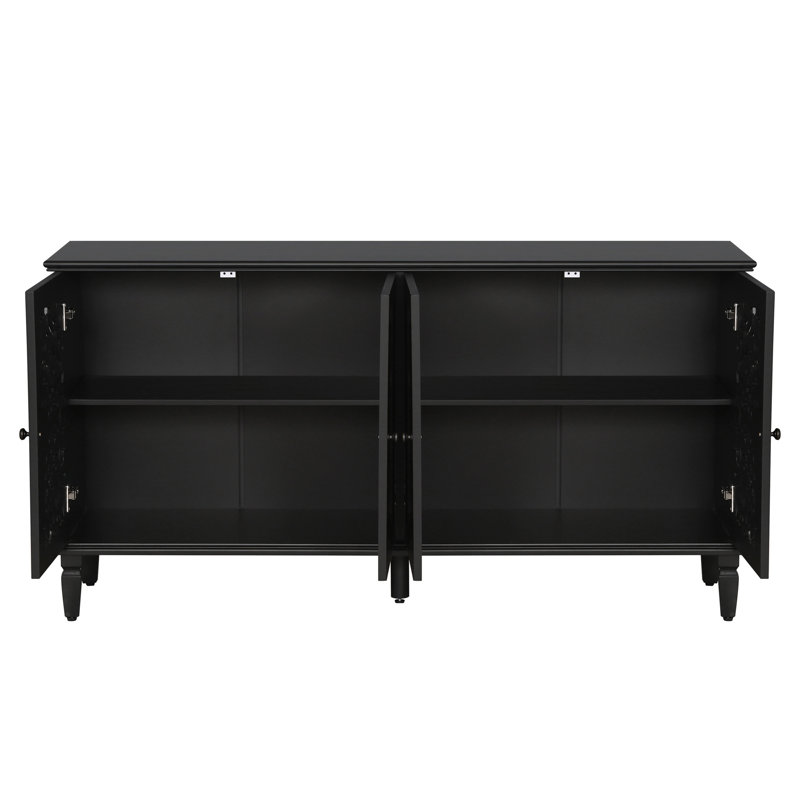 60" Antique Buffet Cabinet With Floral Carvings With Solid Wood Legs&Antique Brass Handles&Adjustable Shelves, Black