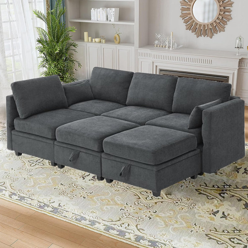 Hashim 6 - Piece Free Form Upholstered Convertible Modular Sofa Sectional with Storage, Dark Gray 100% Polyester