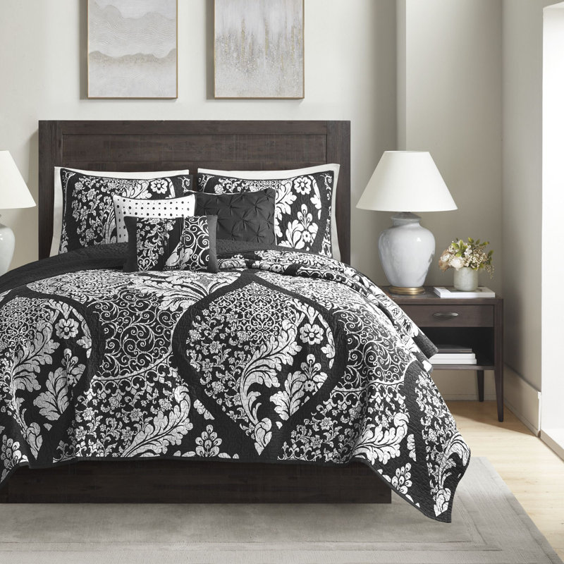 Ensemble de courtepointe pour lit double / grand en coton noir 6 pièces avec coussins décoratifs, Noir, noir, noir, noir