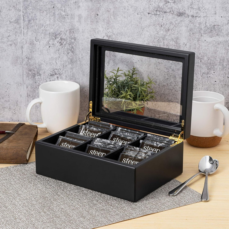 Wooden Tea Organizer For Tea Bags, Black Wooden Tea Chest, 6 Compartments, Clear Top Window, Lid Stays Open