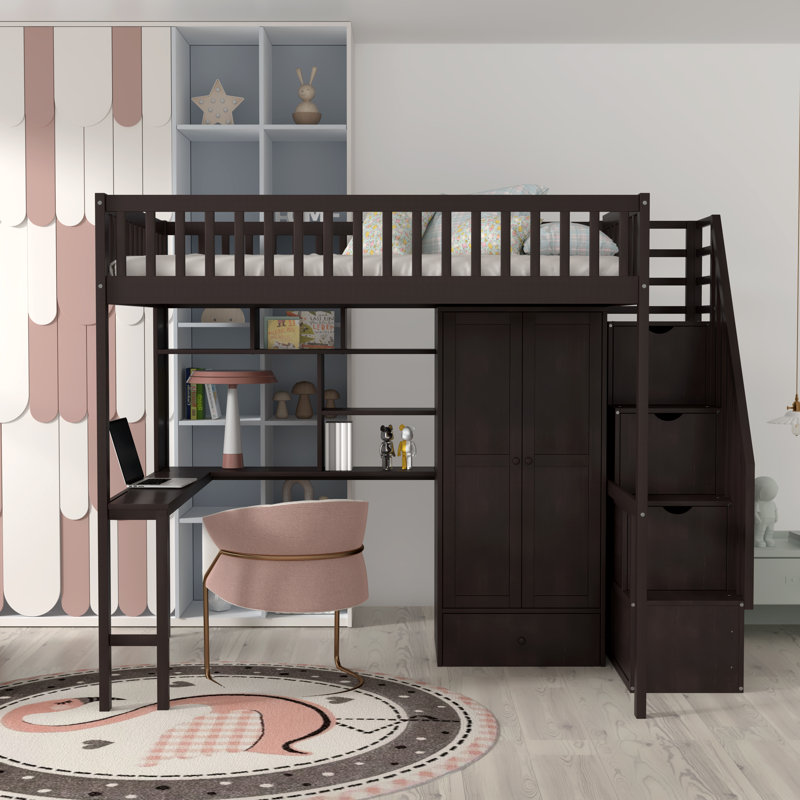 Lit mezzanine Gunjan avec bibliothèque, tiroirs, bureau et garde-robe, Espresso, Complète