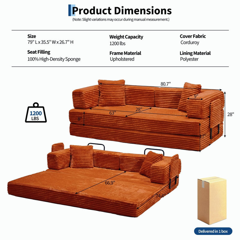 Canapé-lit 80,7 po en velours côtelé avec rangement, causeuse convertible pour petits espaces, Orange
