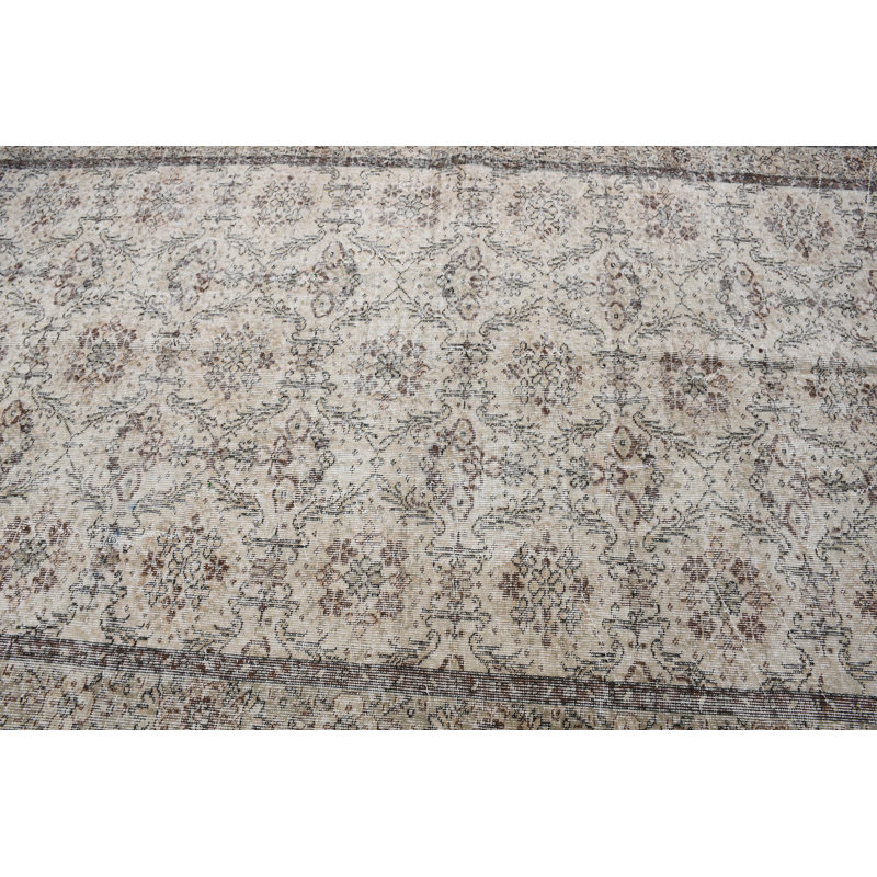 Tapis turc en laine tissé à la main authentique avec une grande couverture et un motif floral beige pour un look rétro