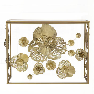 Gold Console Table with Mirrored Glass Top and Floral Design