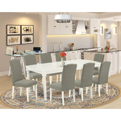 Ensemble de table de cuisine 9 pièces comprenant une table de salle à manger rectangulaire avec feuille papillon et 8 chaises rembourrées en lin Shitake foncé, blanc lin