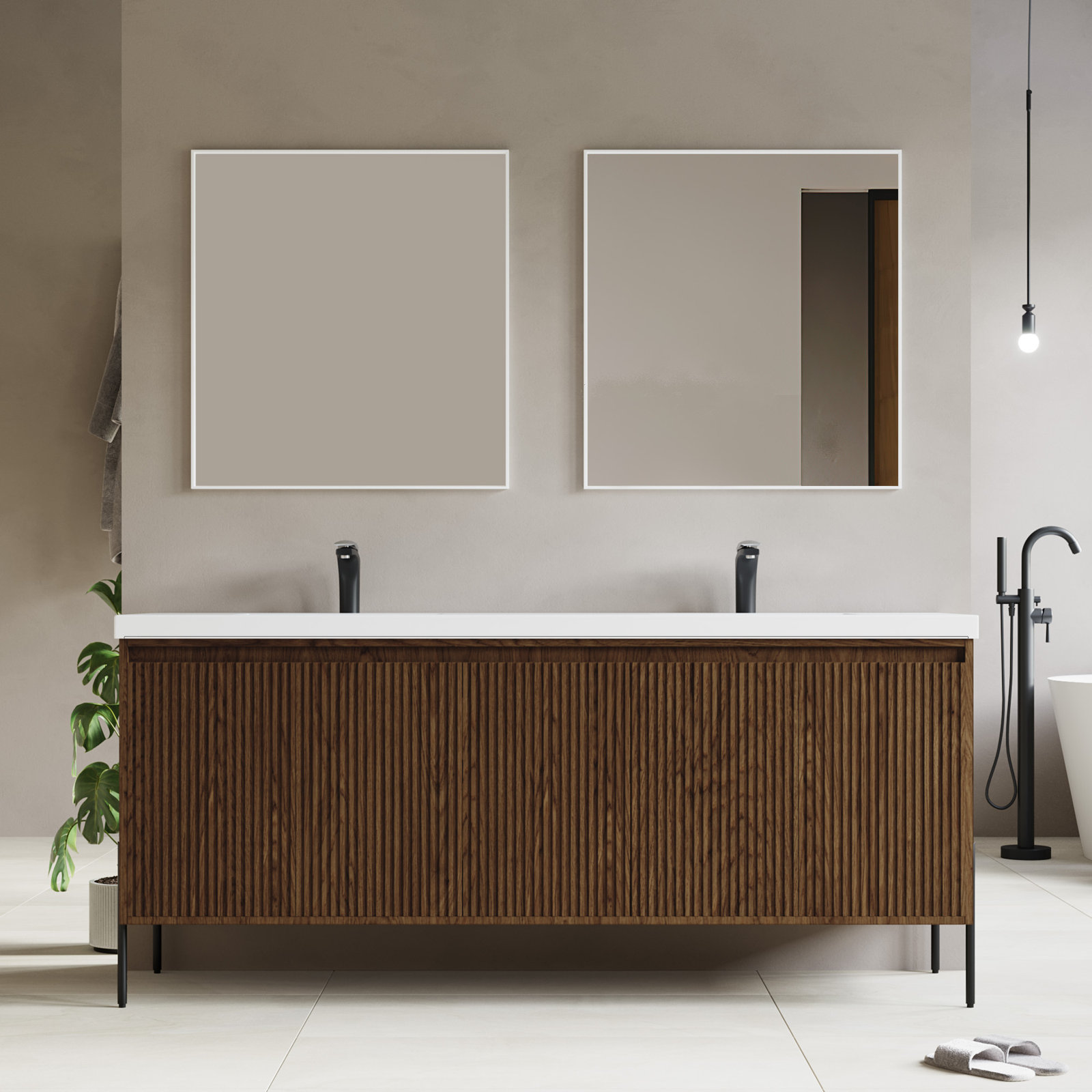 Socwell 73'' Double Bathroom Vanity with Resin Top, Walnut, White