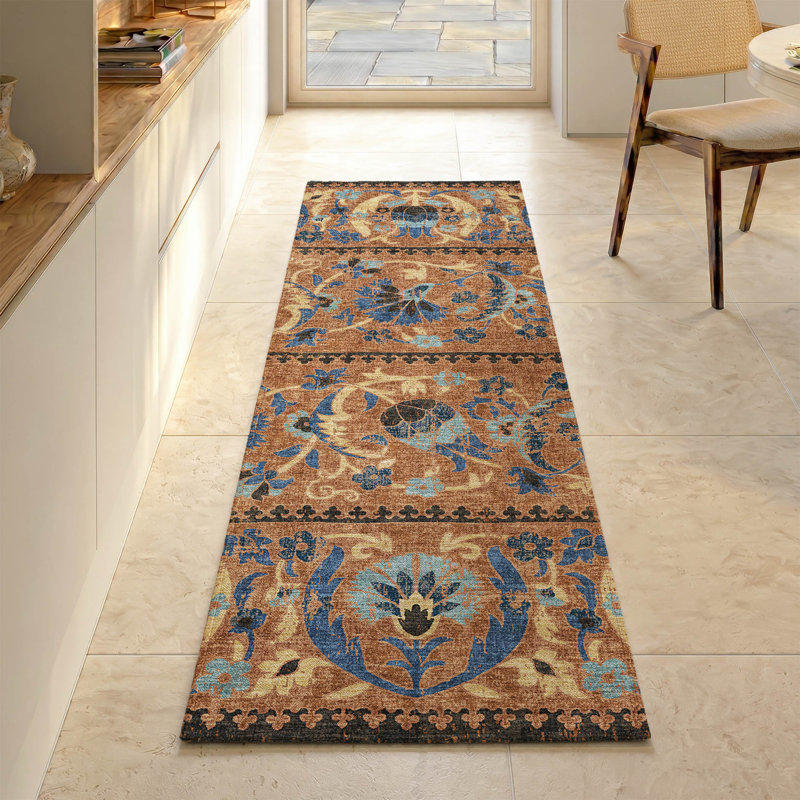 Tapis floral lavable à la machine de qualité supérieure Mayfield AMF2480, Paprika, Tapis de couloir 2 pi 3 po x 7 pi 6 po
