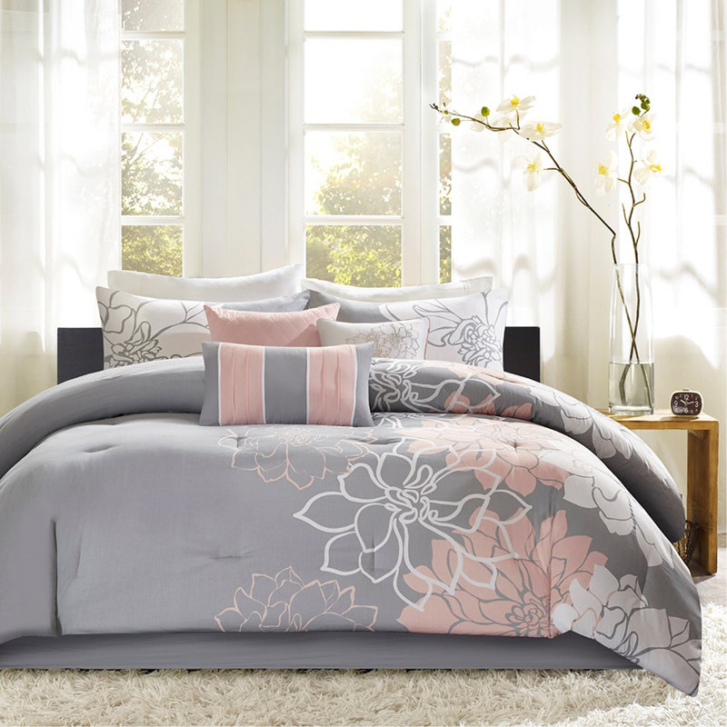 Ensemble d'édredon en satin de coton imprimé, Édredon simple et 5 pièces supplémentaires, Gris / pêche