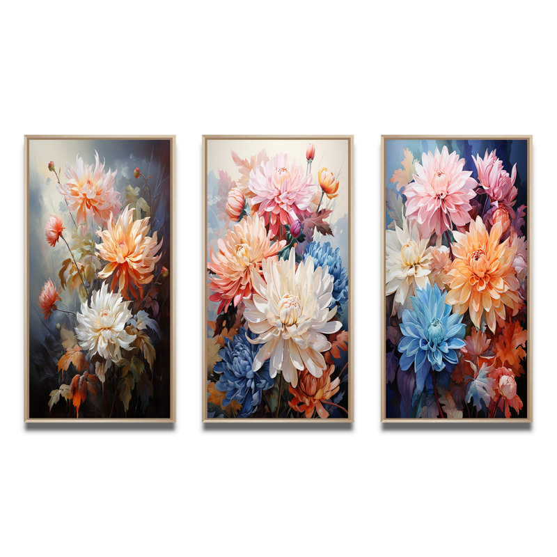 «Peach White Mums Romantic Impression», 3 pièces, H 20 po x l 36 po, Cadre naturel flottant