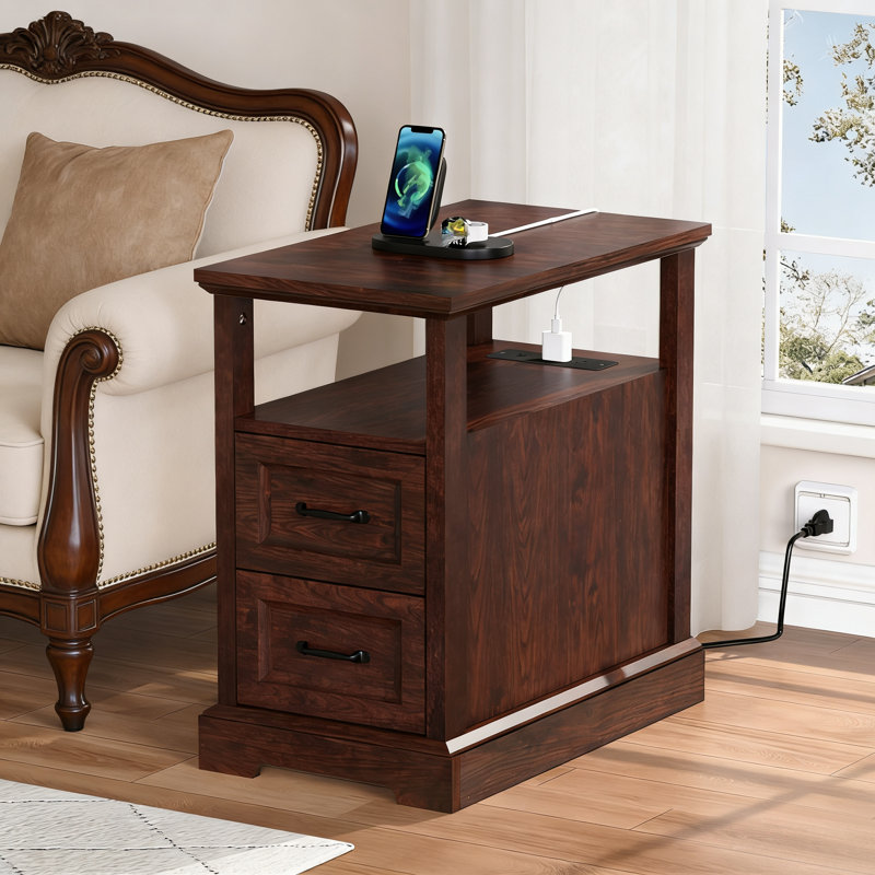 2-Drawer Farmhouse End Table With Built-In Outlets, Brown