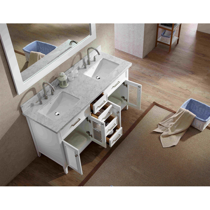 Ensemble de meuble-lavabo double 61 po Hamil, blanc, Marbre blanc de Carrare, Forme rectangulaire