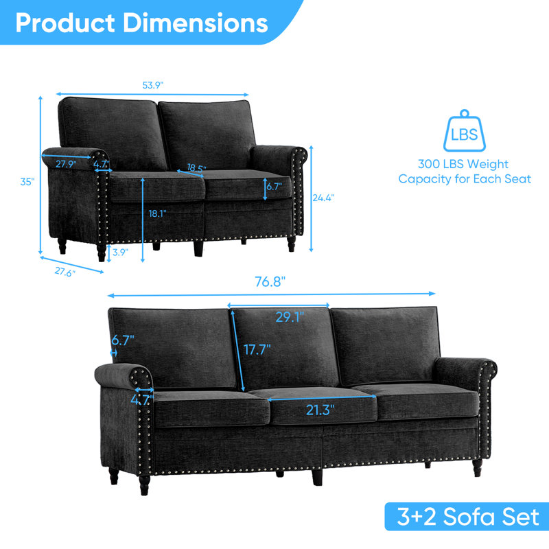 "76.8" 3+2 Vogue Chenille Sofa Set - 300lb/seat Capacity, Thick Pocket Spring Cushions, Solid Wood Gourd Legs, Removable Seat Covers