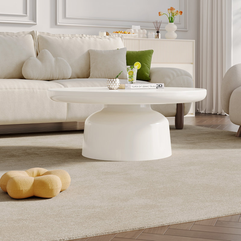 Cream White Round Coffee Table with Cylindrical Base
