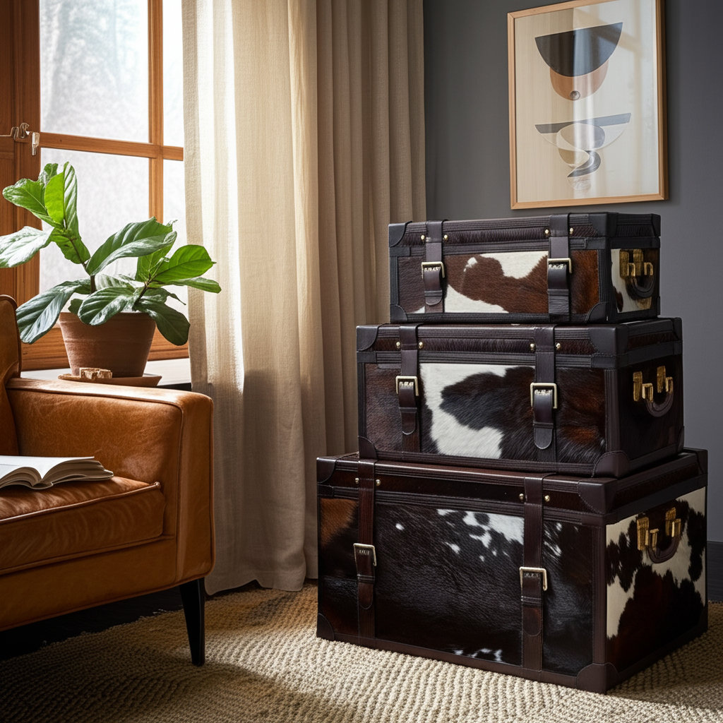 Designer Storage Trunks Gracie Oaks Decorative Storage Trunks Hair On Hide Leather Wood With ...