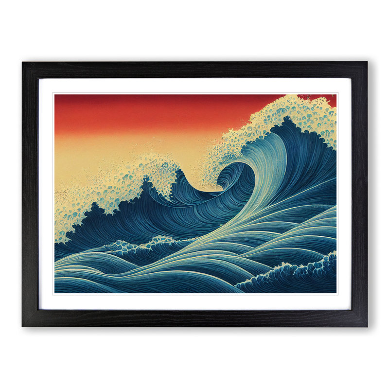 Ravishing Japanese Wave - Single Picture Frame Painting, Black Framed, 46cm H x 64cm W x 2cm D