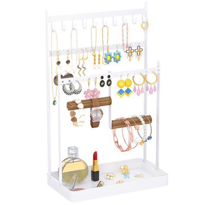 Jewelry Organizer Jewelry Display Stand, Jewelry Holder Necklace Organizer with Tray, Metal Jewelry Tower Rack Tree for Earring Necklace Ring Bracelets Display and Storage, White