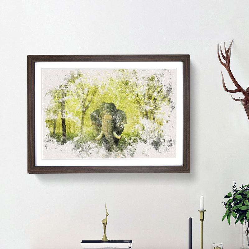 Marvellous Elephant in a Green Forest - Framed Print, 24cm H x 33cm W x 2cm D, Walnut Framed