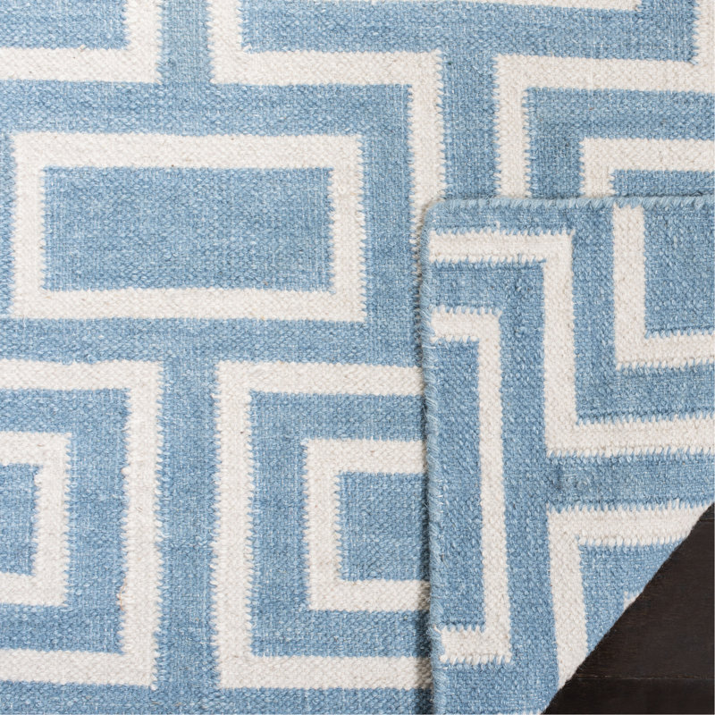 Rodgers Hand Woven Flat Weave Wool/Cotton Geometric Rug in Light Blue, Rectangle 9' x 12'
