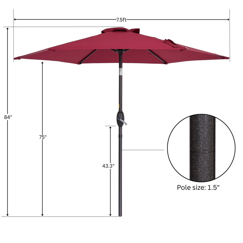 Parasol de table de marché de 7,5 pi, auvent résistant aux rayons UV et bouton inclinable, Rouge
