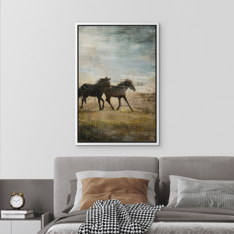«Wild Horses Runing Rustic Western Landscape», reproduction d'art sur toile encadrée dans la chambre principale, Blanc