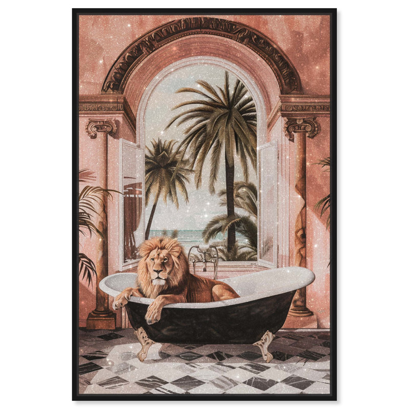 «Sleeping Lion Bath» par Art Remedy, H 46 po x l 31 po, Cadre noir