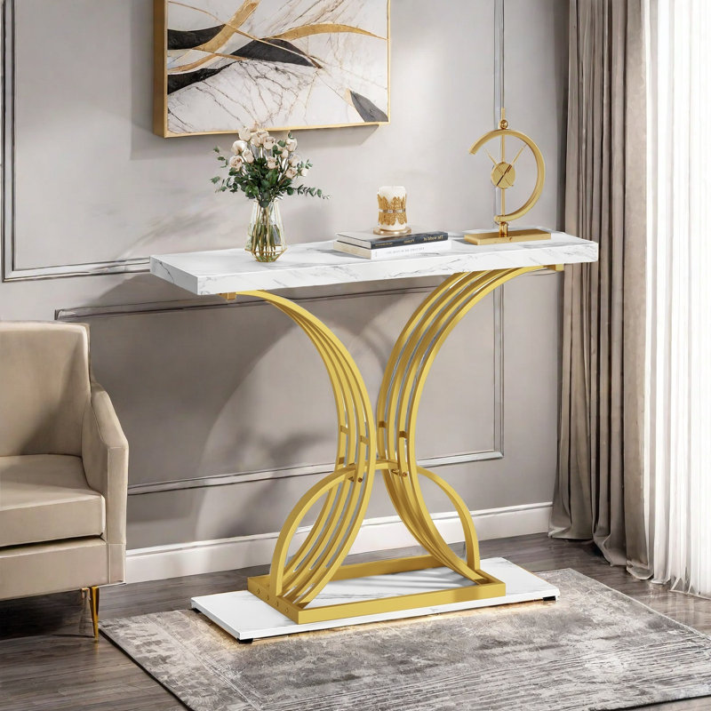 Console 39 po Bleckley avec plateau en faux marbre noir, Blanc