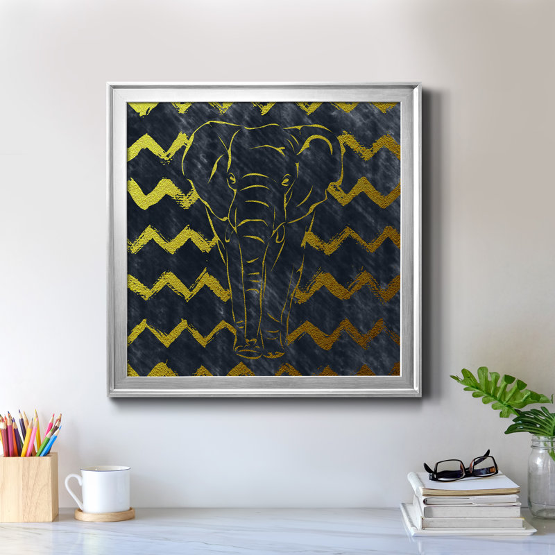Éléphant brossé - Peinture sur toile encadrée, Encadrement argenté, H 22,5 po x l 22,5 po x P 1,5 po