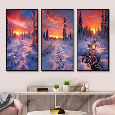 Rose et jaune en hiver lever de soleil I - ensemble de 3 décorations murales d'hiver
