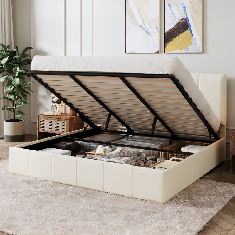 Lit plateforme tapissier hydraulique avec tête de lit réglable, Très grand, Crème