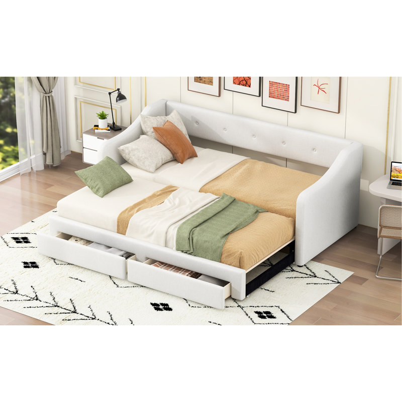 Beige, lit de jour rembourré, très grand lit simple, tiroirs de rangement, excellente expérience d'assise, lattes en bois pour matelas extensibles, rembourré, dossier et support de soutien ergonomique très grand, tissu doux