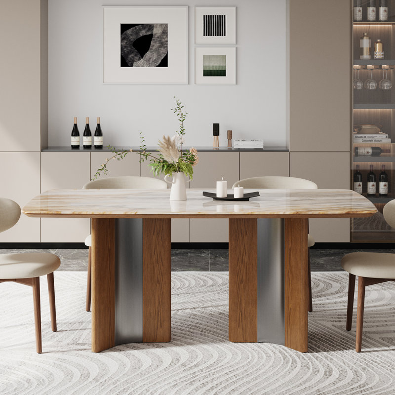 63" Luxury Stone-top Dining Table For 4-6 People, Rectangle Kitchen Table With Dual-material Wood & Stainless Steel Base