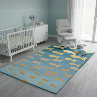 Blair Authentic Hand-Tufted Handmade Yellow, Orange & Blue Fish Design Wool Area Rug
