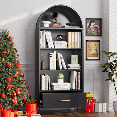 Metal Arched Bookshelf, Accent Arch Kitchen Pantry Cabinet With Drawer For Home Office Bar Living Room Farmhouse (black)