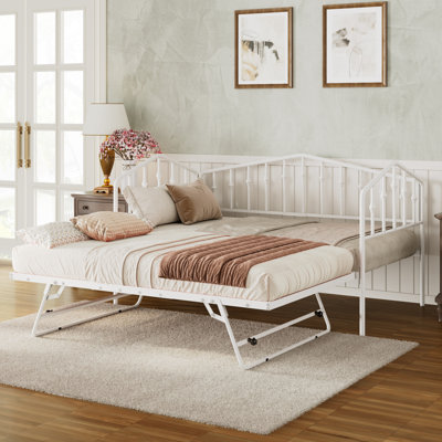Twin Size Metal Daybed with Adjustable Folding Trundle, Portable Guest Bed, White