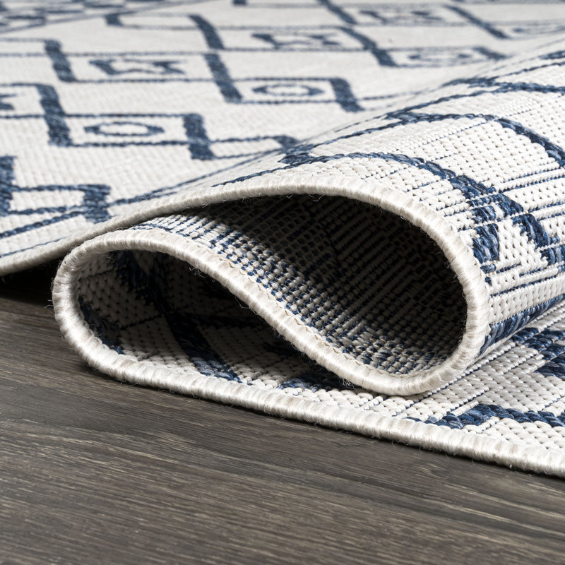 Raif Tribal Bohemian Ivory/Blue Indoor/Outdoor Rug, Runner 2'2" x 8'