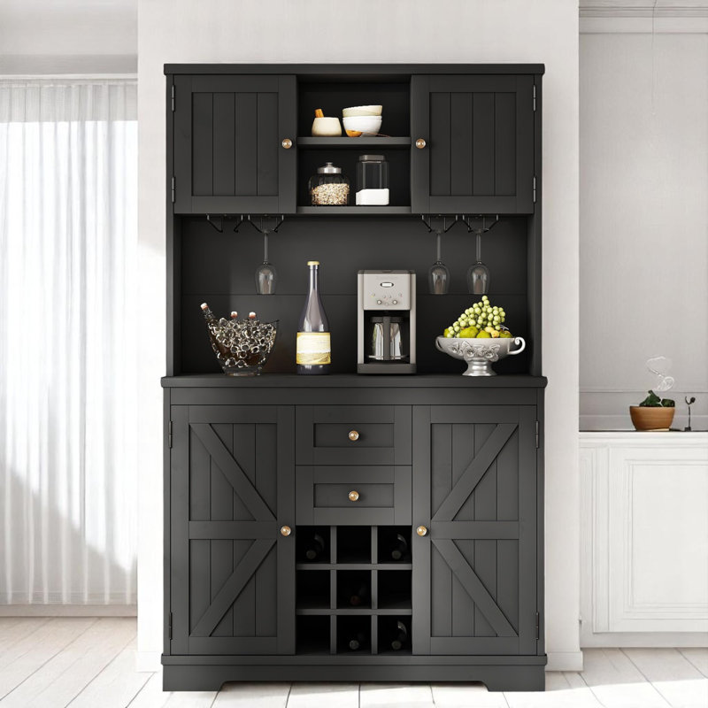 Armoire de cuisine avec rangement Coffee Bar, Noir, Argent argent