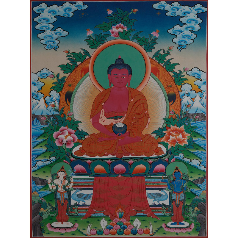 Bouddha Amitabha assis (Thangka sans brocart) | Or pur 24 carats avec peinture acrylique