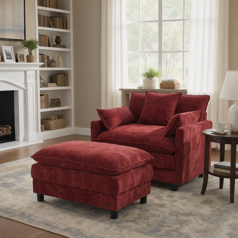 Fauteuil d'appoint moderne en chenille de 100 cm avec repose-pieds, fauteuil de lecture club pour salon ou chambre