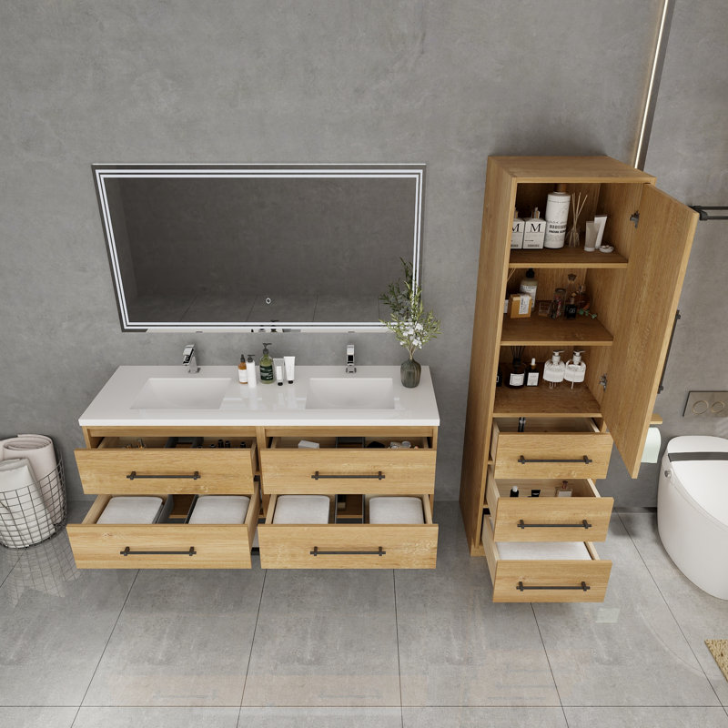 Meuble-lavabo mural avec lavabo et support en acrylique renforcé Victoria, Chêne