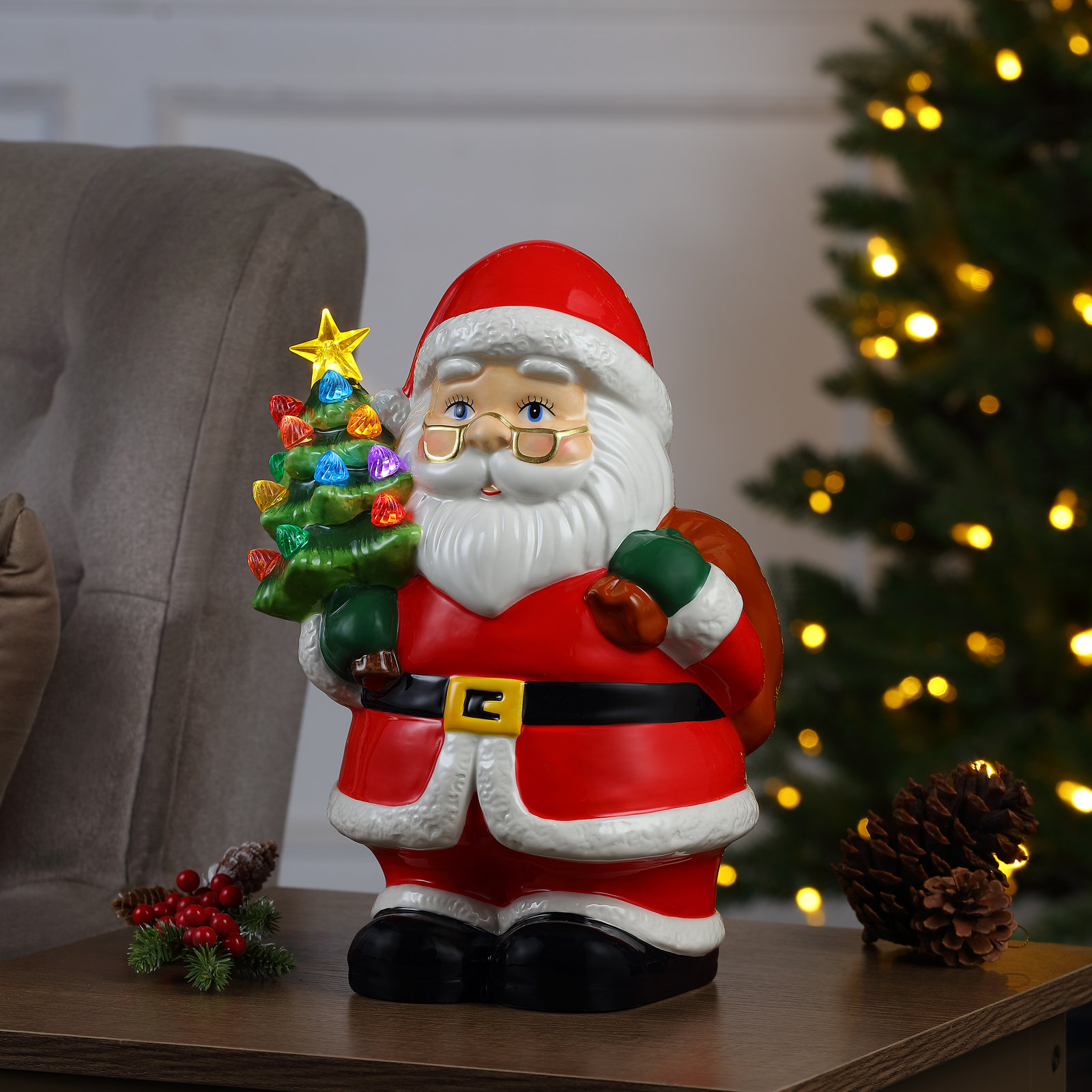 Lit Ceramic Nostalgic Figure - Santa, 12" H x 7" W x 7.3" D