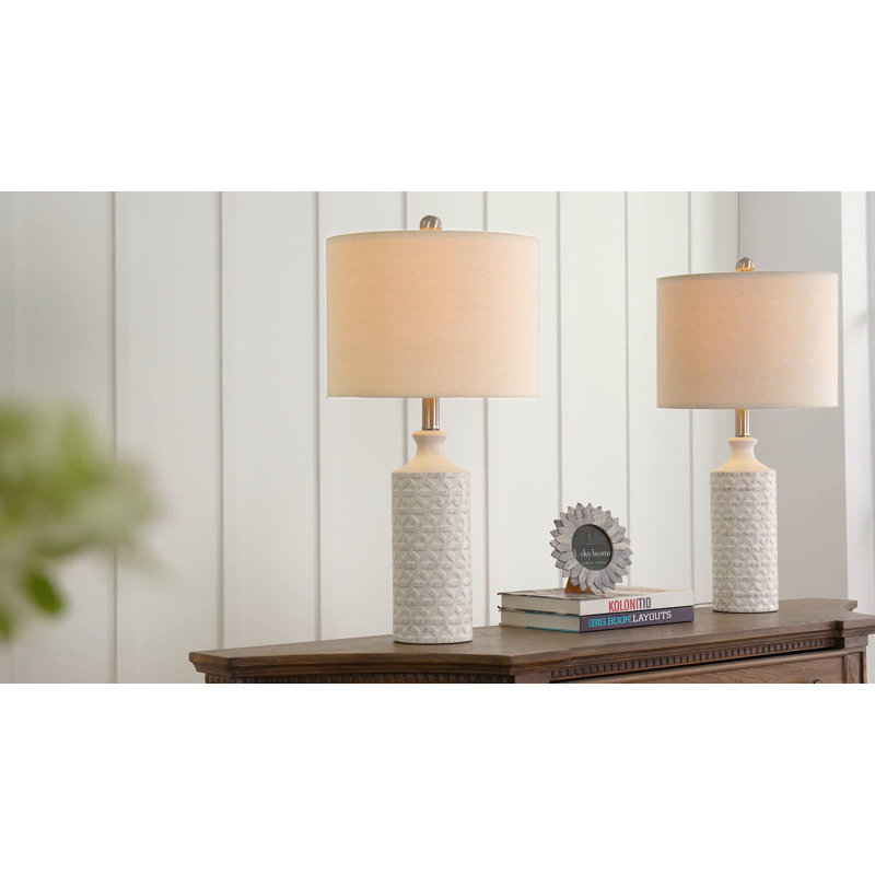 24.75'' White Ceramic Table Lamp Set with Beige Drum Shade