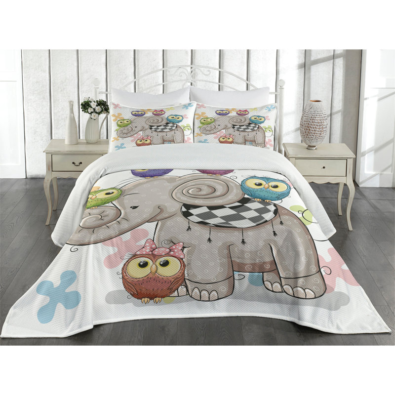Kids Unisex White Quilted Bedspread Set with Owl Design