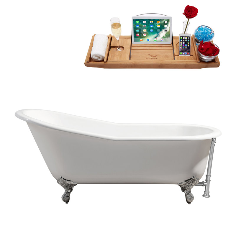 Baignoire de trempage sur pattes 61 "avec drain, pattes et plateau en bambou 61" Streamline, Chrome poli, Chrome poli