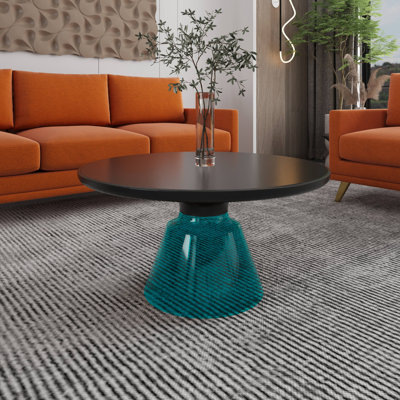 30" Round Coffee Table Glass/Sintered Stone Top With Powder-Coated Rim And Tempered Glass Base