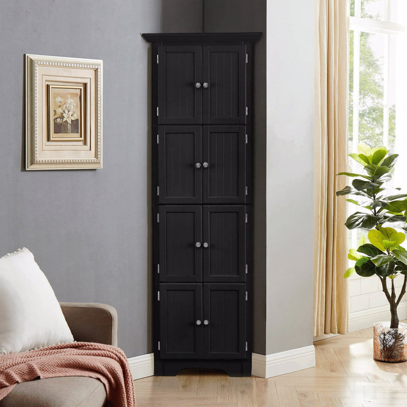 Tall Storage Cabinet With Doors And 4 Shelves, Black
