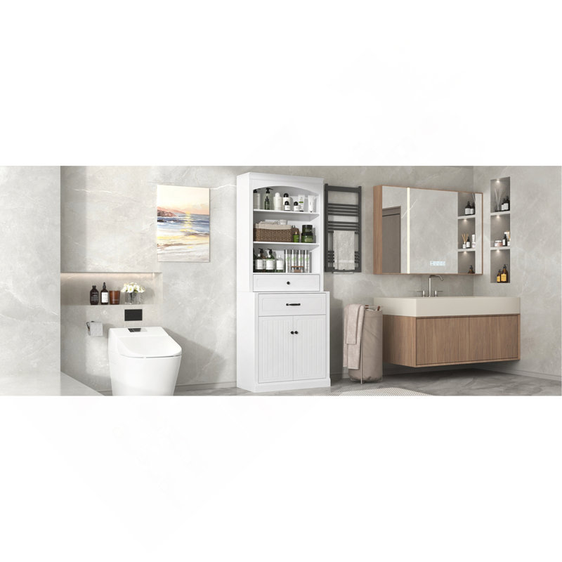 Armoire de rangement blanche avec deux portes, tiroirs, tablette réglable et trois tablettes ouvertes - fabrication en panneau de fibres à densité moyenne durable