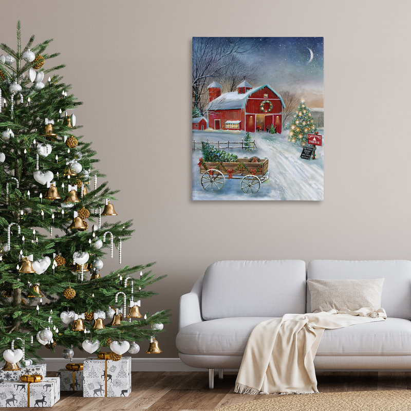«Holiday Wagon & Barn», art mural sur toile par Ruane Manning, H 48 po x l 48 po