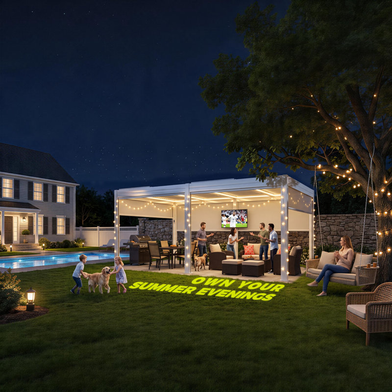 20 ft. W x 10 ft. D Outdoor Louvered Pergola with Auto-Adjustable Side Screen, Rainproof Roof, Thickened Aluminum Frame, and Remote-Controlled Light String for Deck, Patio & Hot Tub
